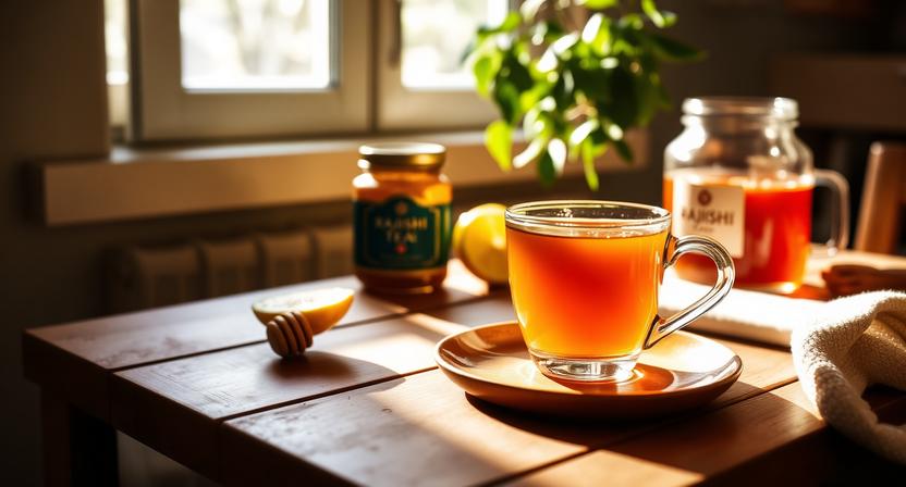 Raw ingredients flat lay — tulsi, green tea, ginger, lemongrass, mulethi for Rajrishi Herbal Tea